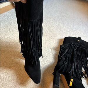 Vince Camuto Black Fringe Heeled Boots